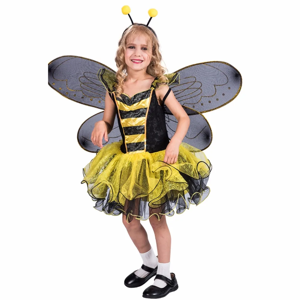 Eraspooky, желтое платье с изображением шмеля, крылья, костюм на Хэллоуин для детей, девочек, любовь, косплей, Рождественская вечеринка, нарядное платье