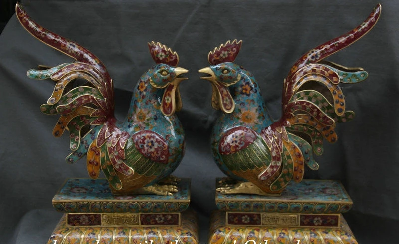 

19.6"Qianlong China Bronze Cloisonne Enamel Cock Rooster Chanticleer Statue Pair