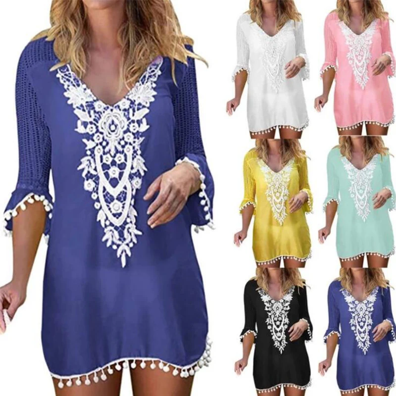

i2u 2019 Women's Crochet Chiffon Tassel Swimsuit Bikini Pom Pom Trim Swimwear Beach Cover Up