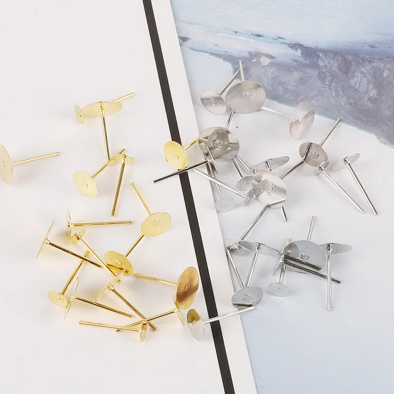 

Hot ! 100pcs Gold/Rhodium Color Metal Earring Stud Base Fit 4/6/8mm Gold Earring Post Flat Base Pins Settings DIY Jewelry Making