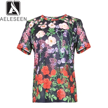 

AELESEEN High Quality Cotton T-Shirt 2019 Vintage Summer Fashion New Women'S Flower Print Crystal Casual Beading T-Shirt