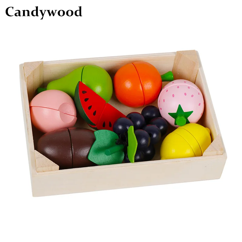 

Candywood Wooden Kitchen Toys Cutting Fruit Vegetable fish Play simulation Food Kids baby early education food toys girl gifts