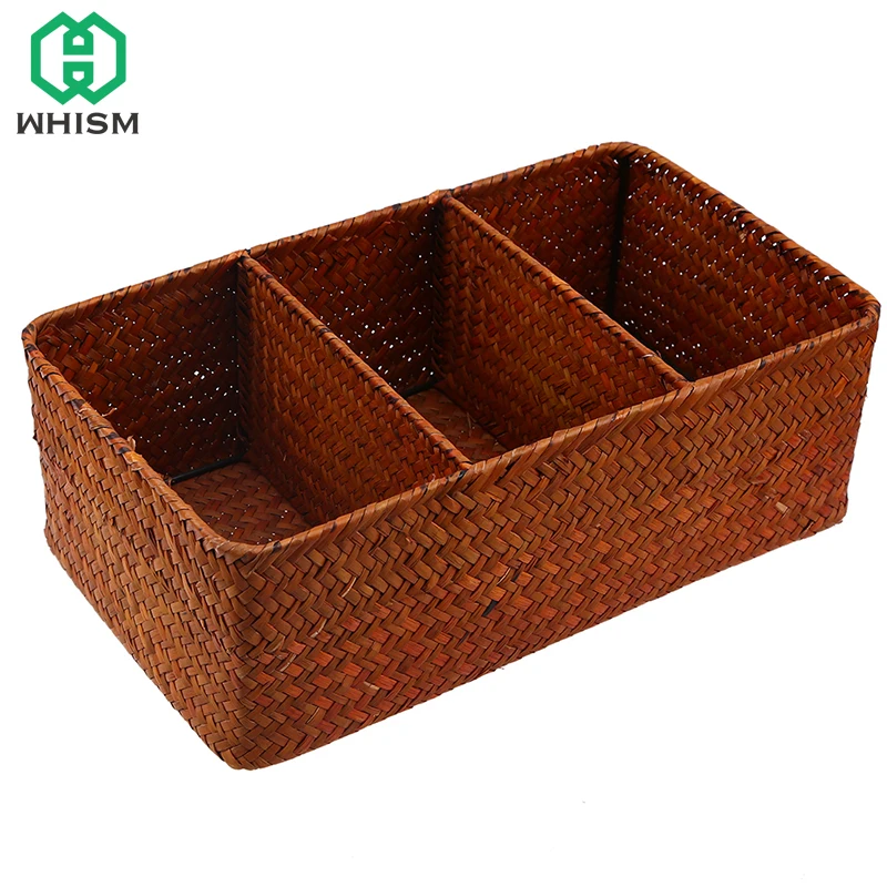 

WHISM Handmade Wicker Storage Baskets Woven Straw Storage Box Seagrass Rattan Picnic Basket Kids Toy Basket Kitchen Organizer
