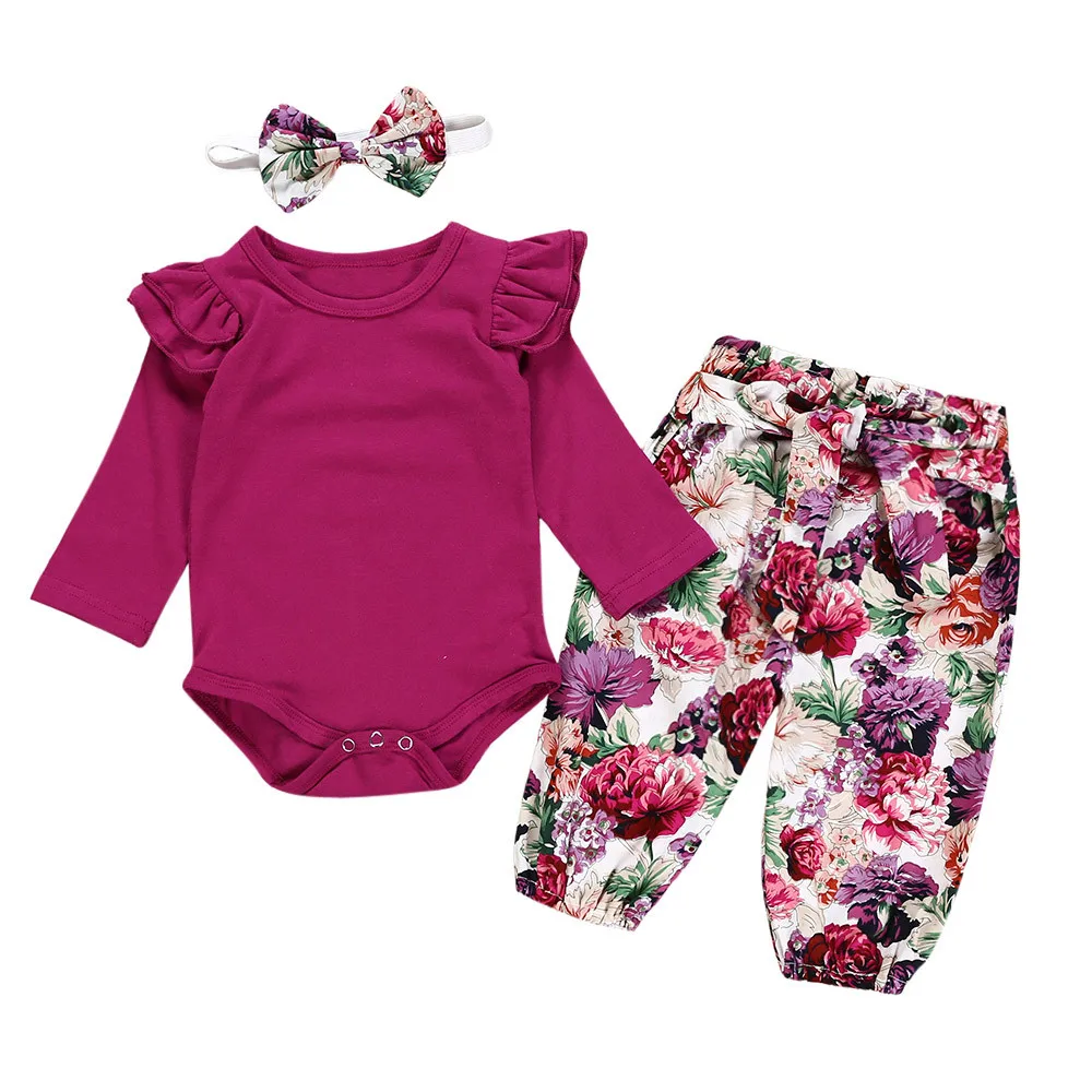 ARLONEET комплекты для новорожденных Одежда для маленьких девочек сплошной цвет летающие рукава+ штаны с цветочным рисунком+ волосы группы детей одежда Sets2018 - Цвет: Hot Pink