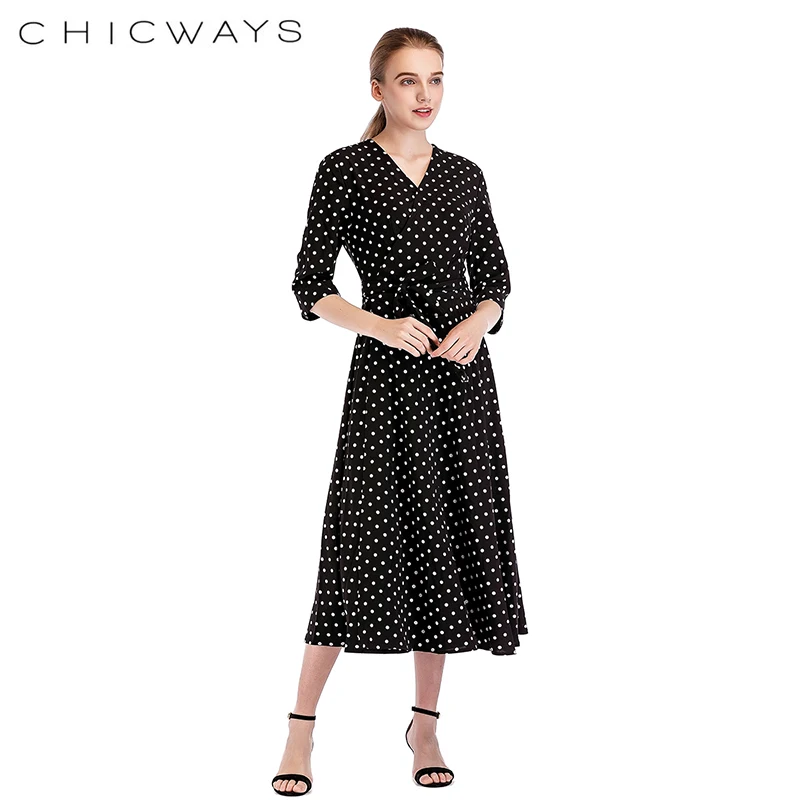 Chicways черное платье в горошек с v образным вырезом Винтаж для женщин длинные