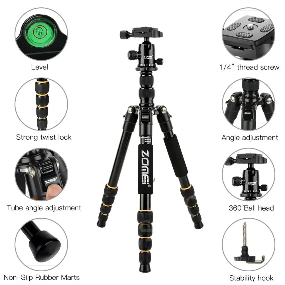  ZOMEI Portable Flexible Tripod Q666 Professional AluminumTravel Tripod Monopod With 360 Degree Ball