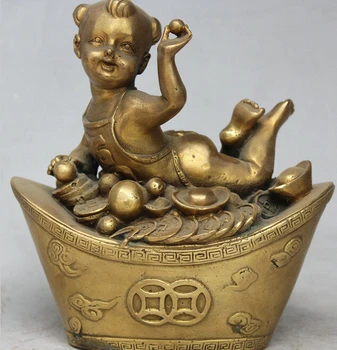 

ymying 1014+++++6" Chinese Folk Brass FengShui TongZi Boy Wealth Money YuanBao Statue Sculpture