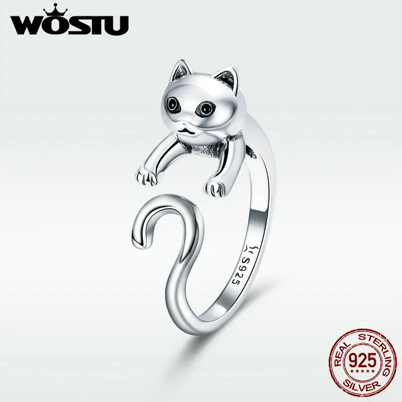 

WOSTU 100% 925 Sterling Silver Simple Pet Cat Finger Rings For Women Party Cute Silver Ring Fine Jewelry Original Gift DXR409
