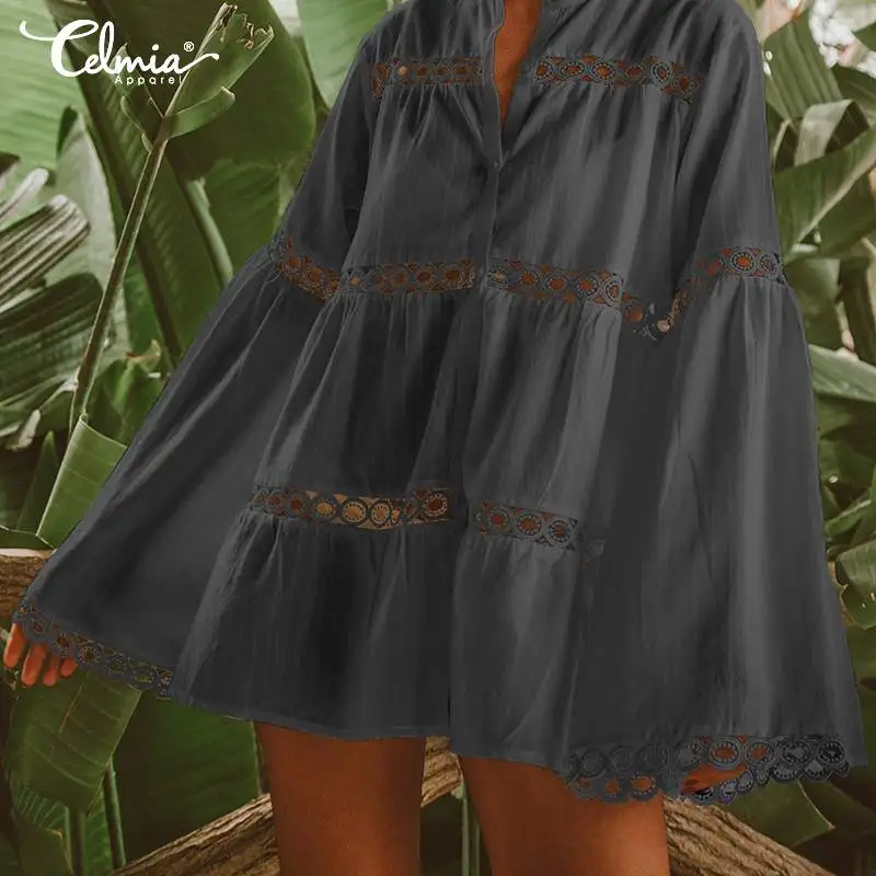 

Celmia Women Sexy Mini Dress 2019 Summer Long Flare Sleeve Lace Hollow Bohemian Beach Dresses Button Casual Loose Party Vestidos