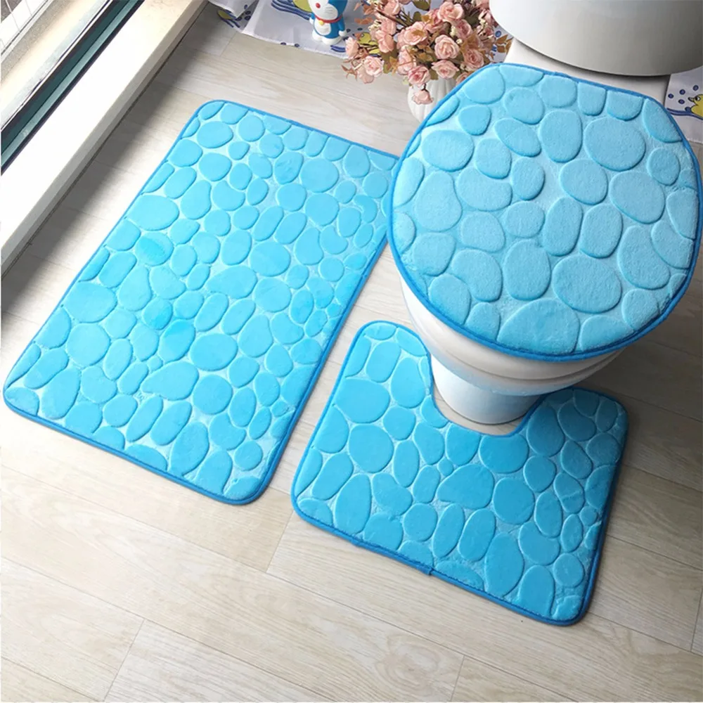 H3E# 3pcs Ocean Underwater World Anti Slip Toilet Pattern Carpet Bathroom Mat 