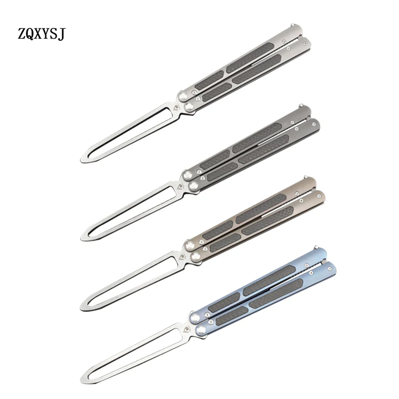 

Butterfly In Knife TC4 Titanium Alloy + Carbon Fiber Patch Not Sharp Practice Hand Tool Sandblasting Stone Washing Blue Balisong
