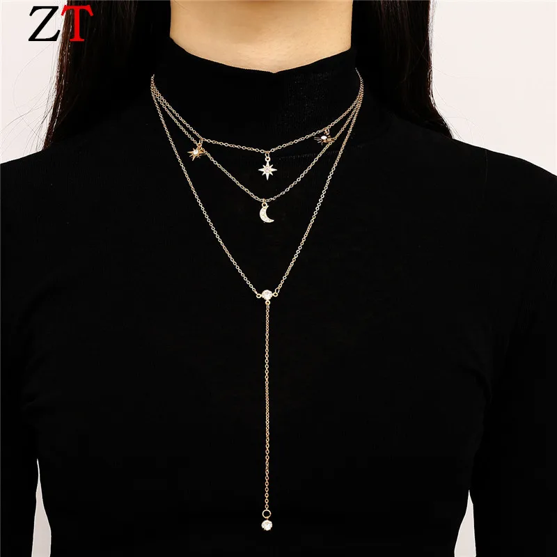 

Long tassel necklace woman stars moon crystal necklace pendant female sweater chain temperament collar trendy jewelry wholesale