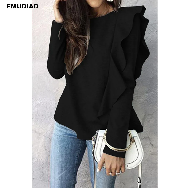 

Solid Color Long Sleeve Ruffles Tops Women Fashion O-neck Casual Outfit Cotton T-Shirts