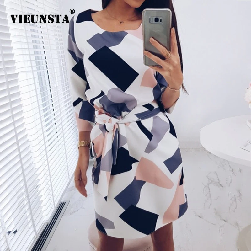 

VIEUNSTA Spring Geometric Printed Sashes Pockets Mini Dress Women Three Quarter Sleeve O-Neck Party Dress Autumn A-Line Dresses