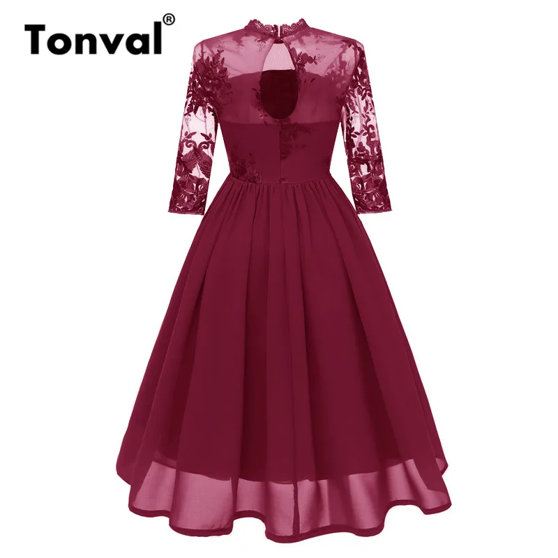 Тонваль вышивка сетки миди женские платья кружева шеи шифон винтажное платье элегантное вечернее платье с цветочным рисунком