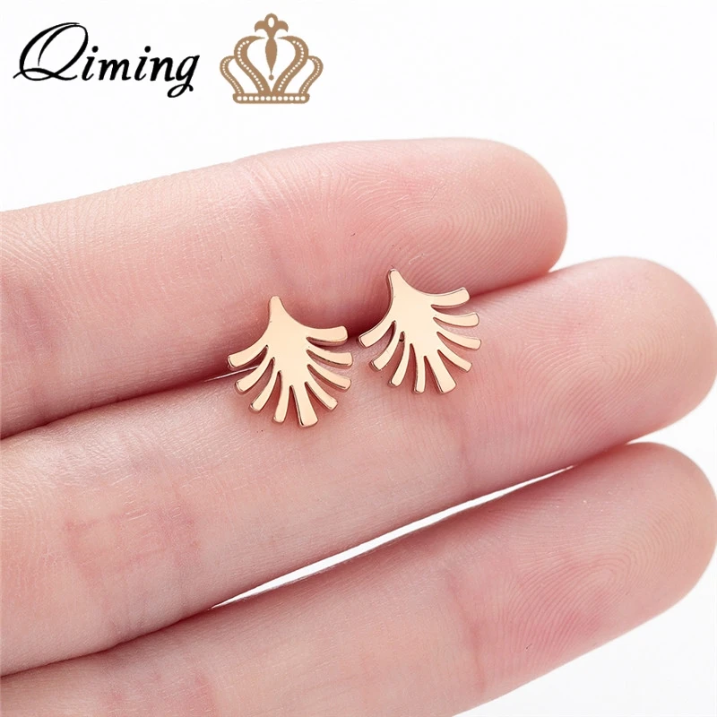 

QIMING Stainless Steel Delicate Palm Tree Earrings Studs Gold Brincos Femm Women Ethnic Jewelry Minimal Stud Earrings