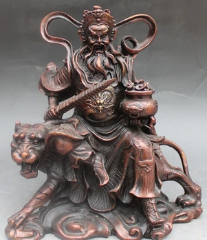 

10" Chinese Bronze Gilt Ride Tiger Yuanbao Dragon Money Wealth God Statue R0709