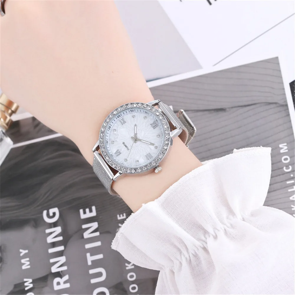 

New Fashion Women Roman Numeral Rhinestone Watch Unique Simple Stainless Steel Watches Casual Quartz Wristwatches Clock Reloj #W