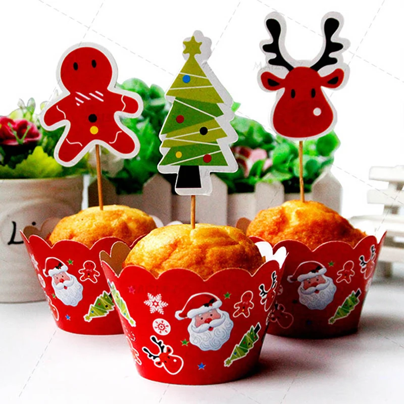 24PCS Pack Christmas Decor Cupcake Toppers Cake Wrappers
