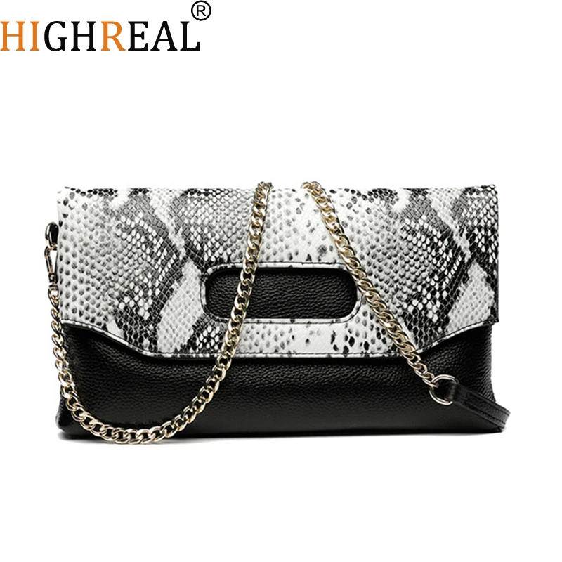 

HIGHREAL Brand Women Messenger Bag Cowhide Snake Skin Crossbody Bag Ladies Multi-Pocket Genuine Leather Small Clutch Bag