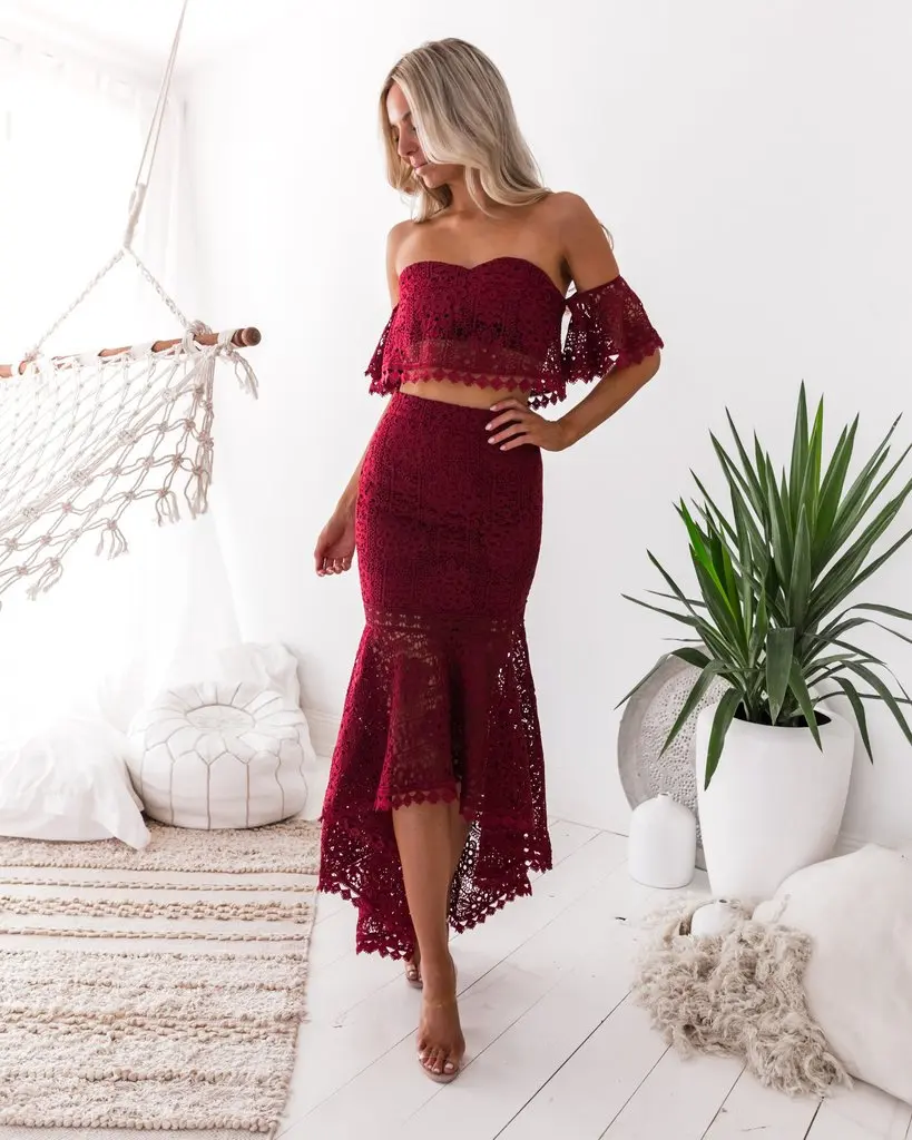 

Off Shoulder Red Vintage Hollow Dress Set Tight Summer Maxi Dress Ruffle Sexy Beach Dresses bodycon Vestidos Party Dress