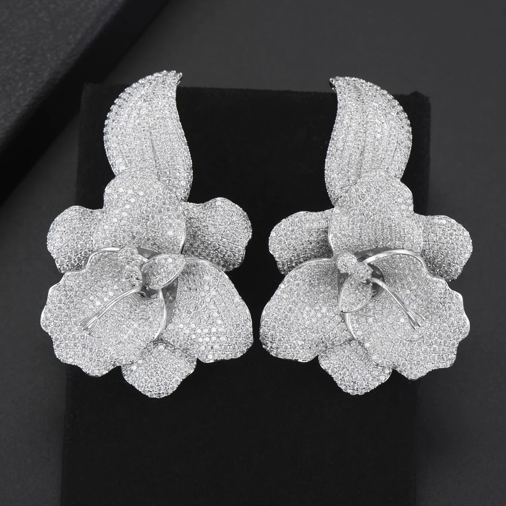 

42*66mm Deluxe Nigerian Bridal Wedding Earrings Big Flower Full Cubic Zirconia Inlaid Drop Earrings Statement Jewelry