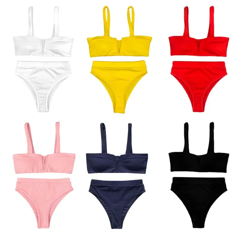 

6 Colors Womens Sexy Two Piece Bikini Set Cut Out Deep V-Neck Solid Color Bra High Waisted Wide Waistband Thong Thread Verical S