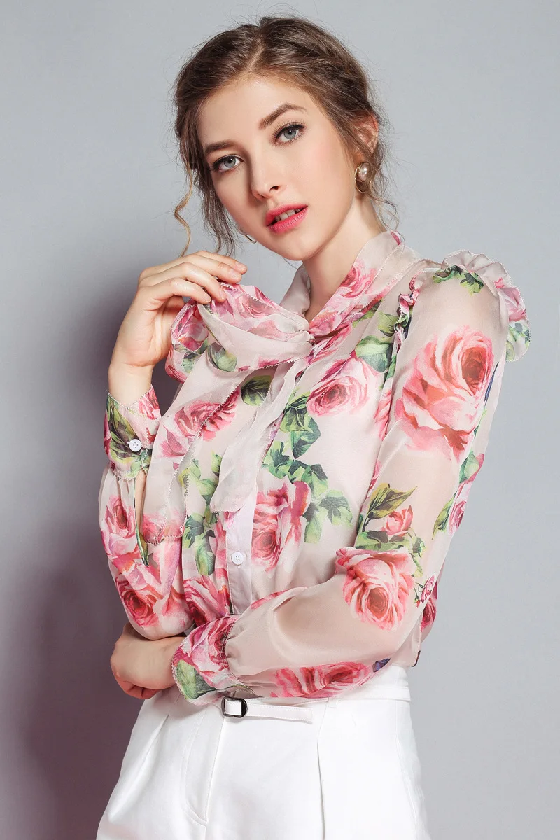Женское миланское Новое поступление, весенние женские Элегантные Дизайнерские рубашки с длинным рукавом и цветочным принтом, шелк