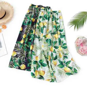 

2019 New Summer Women Floral Print Wide Leg Pants Crop Trousers Bohemian High Waist Cotton Linen Female Casual Pants