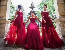 2016 Dark Red Lace Applique BeadA-Line Long Bridesmaid Dresses Arabic Sexy Evening Prom Dress Gowns Plus Size Party Gowns