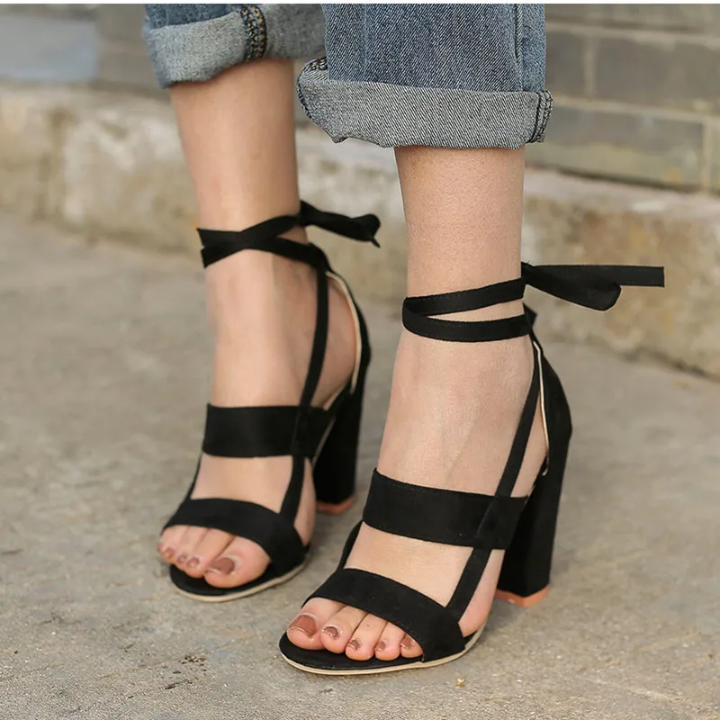 Women Sandals 2019 Fashion Summer Shoes Women High Heels Ladies Classic Sandals Block Heels Ankle Cross Strap Plus Size 34-43