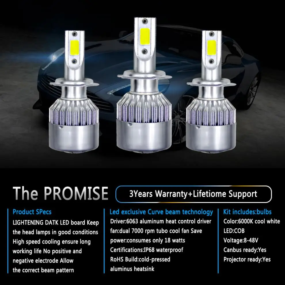 2 шт. H7 C6 10800LM 6000K 120W COB светодиодный автомобилей головной светильник комплект светильник лампочки 12V авто фары