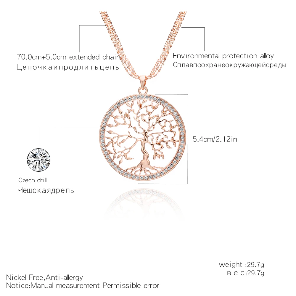 Большое древо жизни, Кристальное ожерелье с подвеской для женщин, розовое золото, круглое дерево, многослойное длинное ожерелье, модное ювелирное изделие, подарок матери