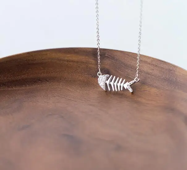 

Real. 925 Sterling Silver clear White cz aaa+ crystals Fish Bone Pendant Necklace sea animal charm jewelry gift GTLX1097