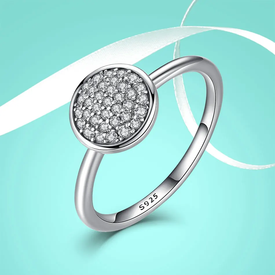 ELESHE 100% Real 925 Sterling Silver Signature Rings Clear CZ Circle Round Finger Rings for Women Wedding Engagement Jewelry