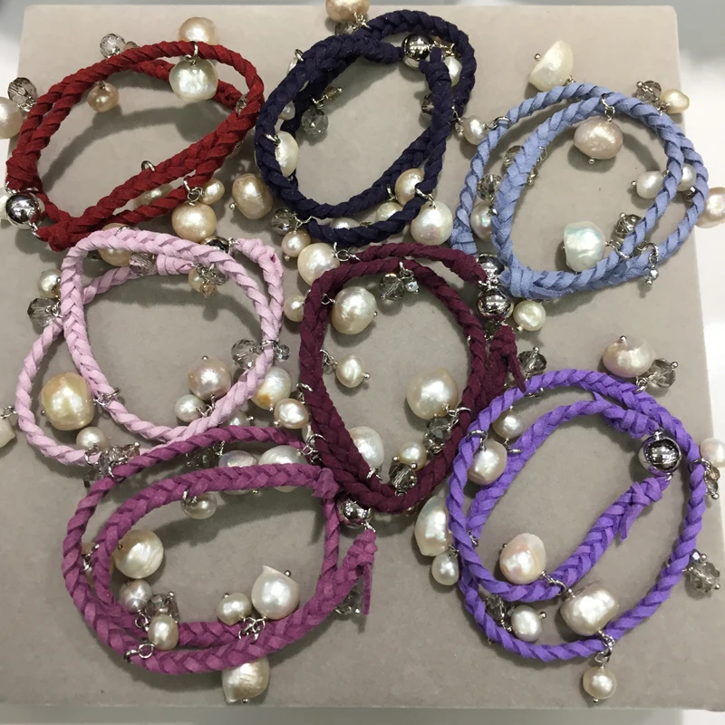 

purple color Baroque Natural Fresh water Pearl Bracelet Charms with crystal leather bracelet Casual