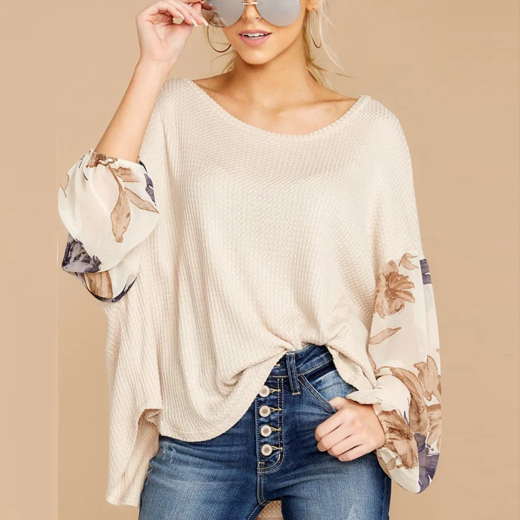 

JAYCOSIN Autumn And Winter Womens Fashion Casual Long Sleeve Patchwork Print Top Blouse Ladies stitching print Knit sweaters