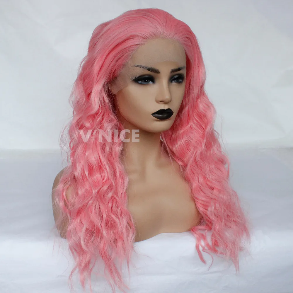 Wavy Hair Wig Lace Front Wigs with Natural Hairline Pink Color High Temperature Fiber Synthetic Wig for Women-4A
