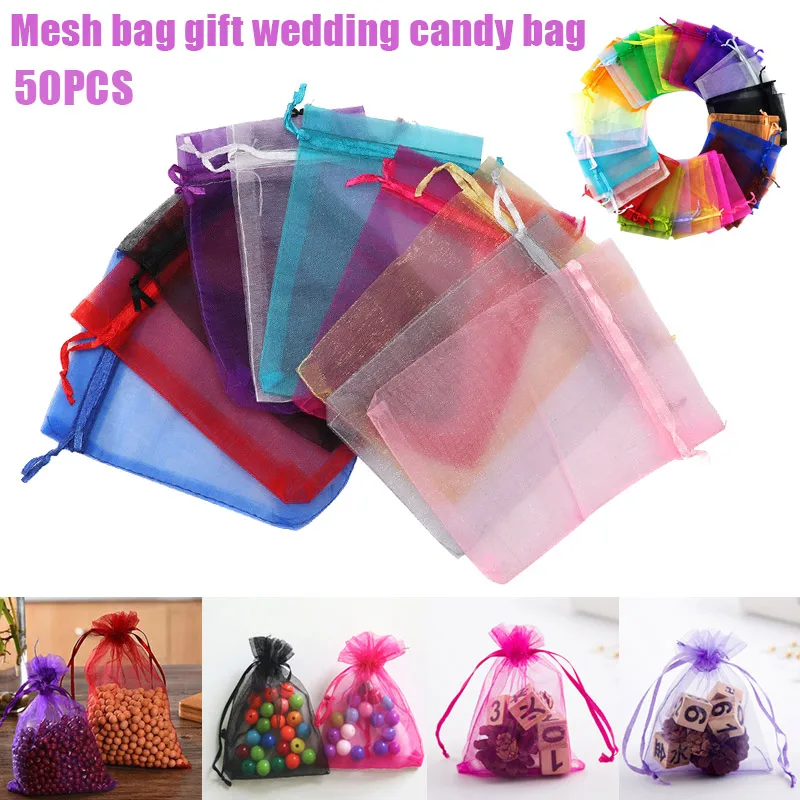 

50pcs Candy Pouches Bags Transparent Mesh Organza Gift Drawstring Bags for Wedding Gift J2Y