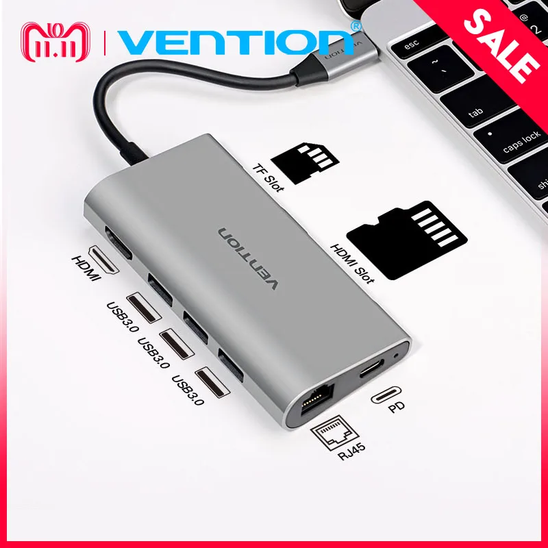 

Vention USB C HUB Type C To HDMI USB 3.0 thunderbolt 3 RJ45 SD/TF Adapter for MacBook Samsung S8/S9 Huawei P20 Pro usb-c adapter