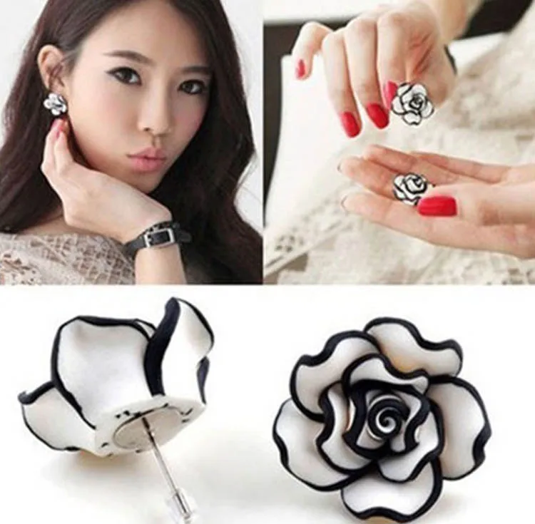 

2017 New Fashion Black White Resin Rose Flower Stud Earrings Attract Lady Gril's Jewelry Accessories 4 colorsEAR-0058