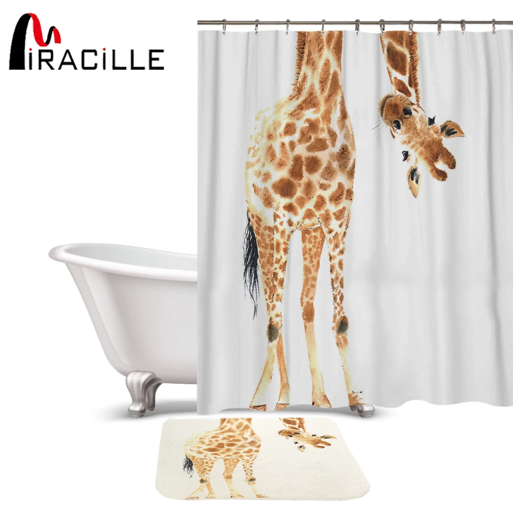 

Miracille Funny Cartoon Giraffe Pattern Polyester Waterproof Shower Curtains With Rectangle Non-slip Floor Mat Bath Curtain Set