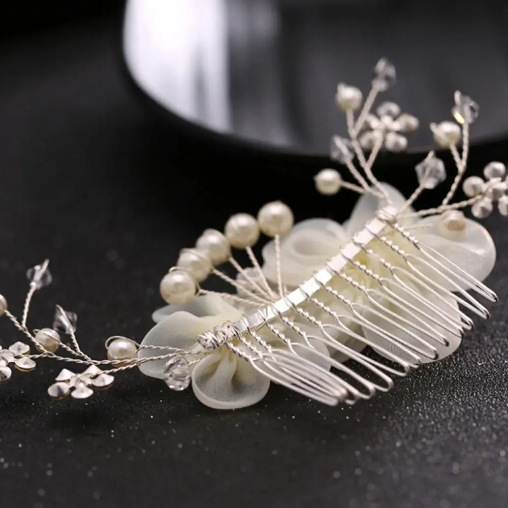 Luxury Bridal Hair Accessories Wedding Hair Comb Silver-Tone Rhinestone Artificial Flower Hair Comb Wedding Headpiece