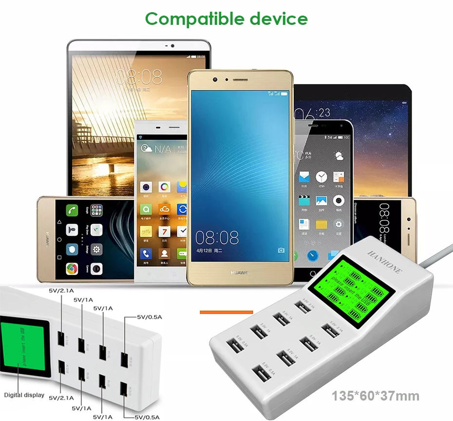 HANHONE 8 USB Port Adapter Charger Desktop Charger With LED Display Mobile Phone Charger For iPhone Samsung iPad Tablet Nokia (2)