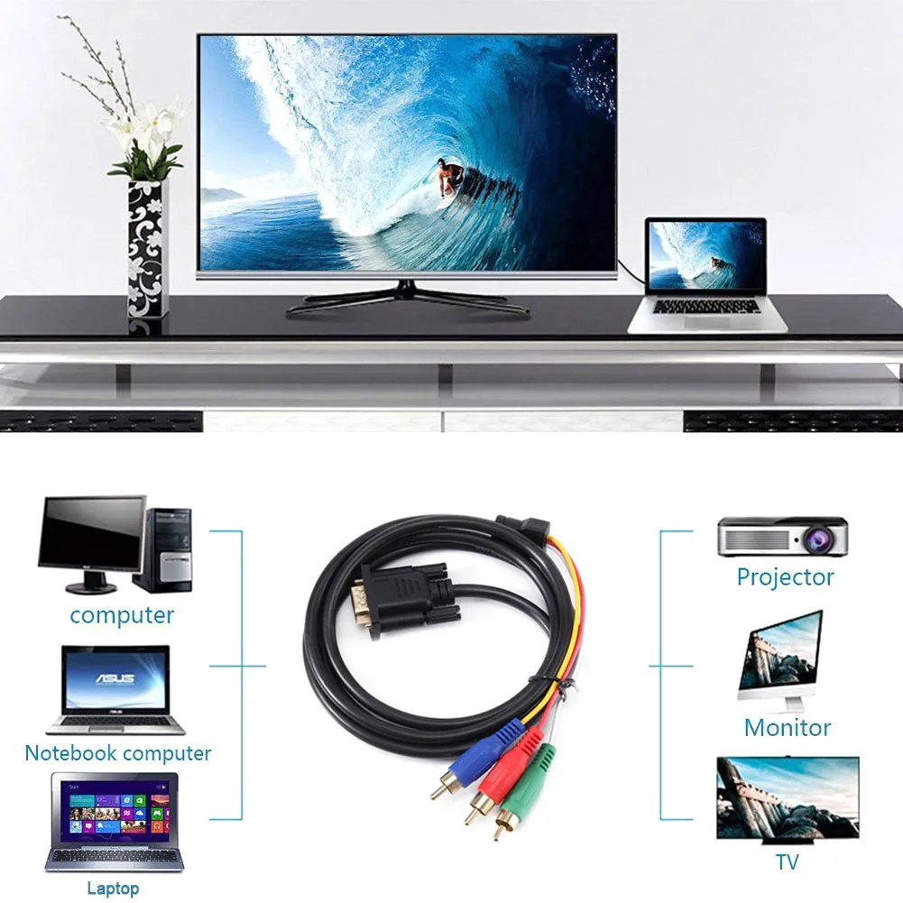 

New 1.5m VGA to 3 RCA Lead Connector Cable for TV PC Laptop Computer DOM668