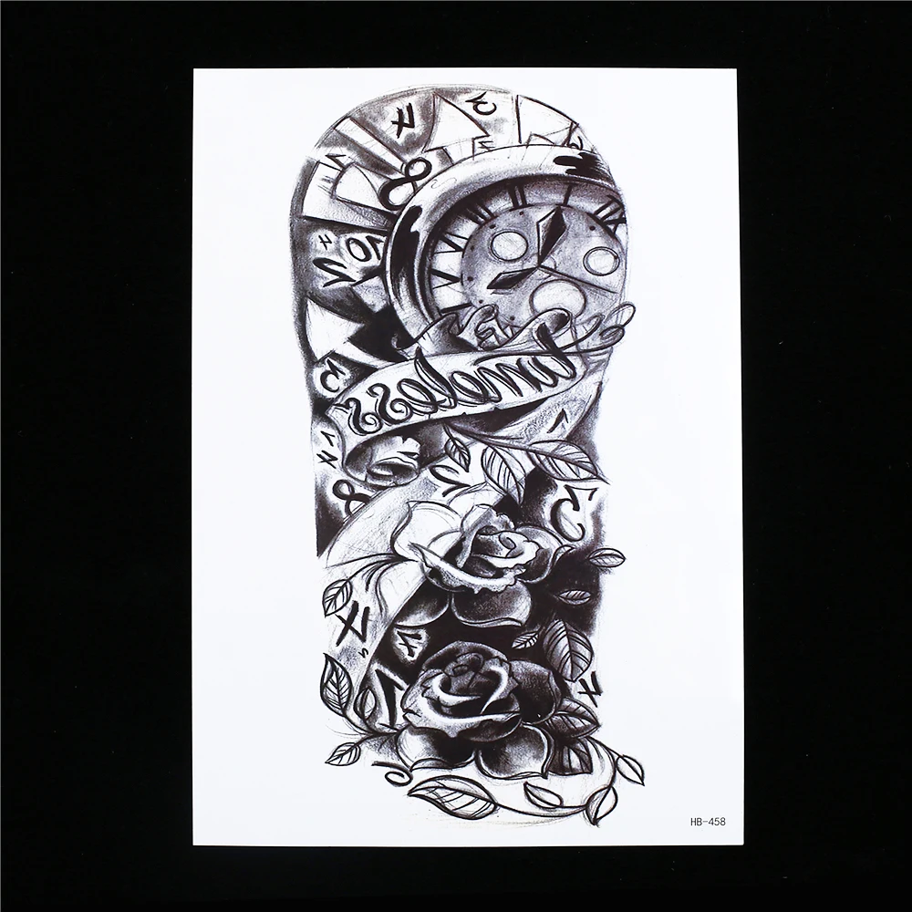 1 лист поддельные черная наклейка цветочный Arm Cool Для женщин Для мужчин тела Книги по искусству татуировки HB458 временного череп часы время