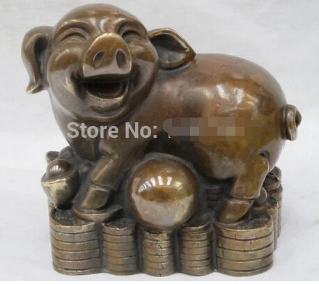 

free shipping 5"Chinese Feng shui Good luckly Bronze FOO PIG stand on Money wired statue