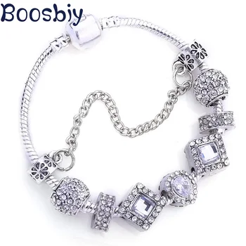 

Boosbiy Dropshipping DIY White Crystal Water Drop Beads Charm Bracelet For Women Girl Silver Plated Snake Chain Fine Bracelet