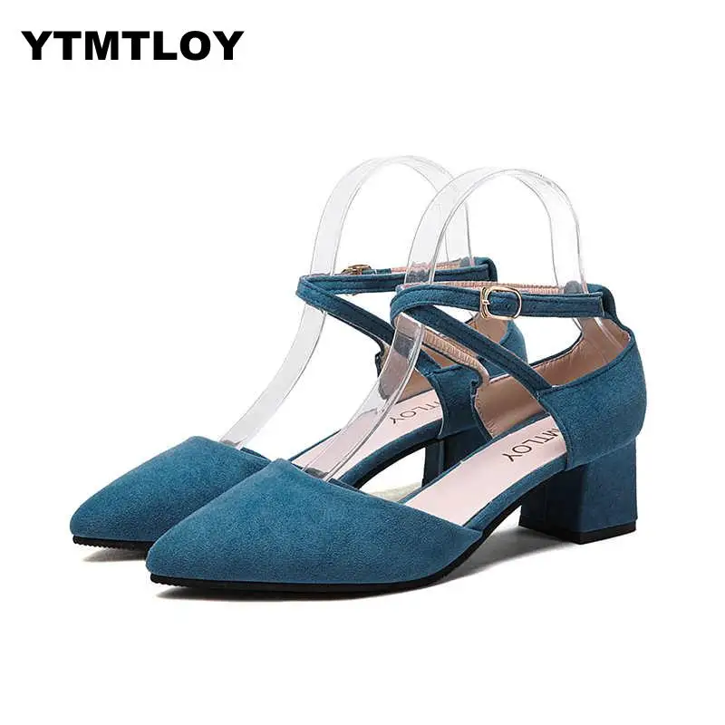 

2019 Shoes Woman Summer Women Pumps Female Word Buckle Pointed High-heeled Thick With 4.5cm Black Bean Paste Nude Cross-tied