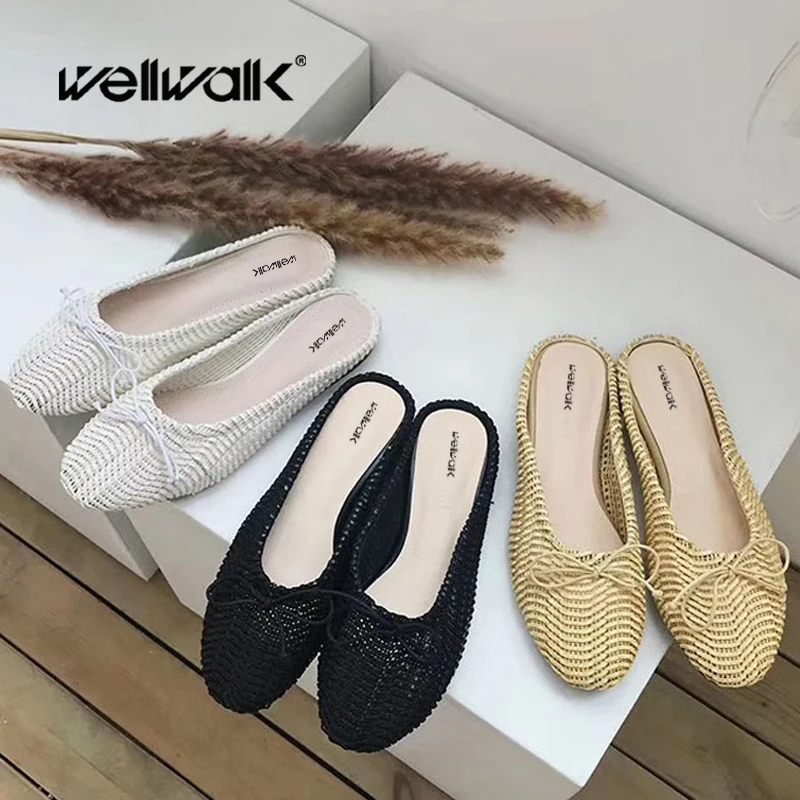 

Wellwalk Shallow Weaving Shoes Women Slip On Home Slippers Round Toe Ladies Breathable Cane Slides Female Summer Casual Shoes